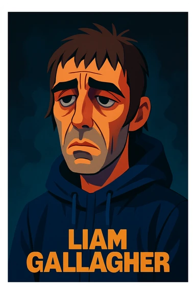 realistic cartoon style portrait of Liam Gallagher looking sad, moody lighting, expressive face sticker