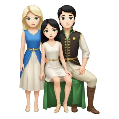 prince, standing upright, black Hair, blue eyes, garment,  woman, bending knee, white sleveless dress, blonde hair, green eyes, sticker