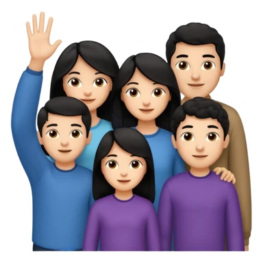 Hispanic family of five waving: mom with long straight hair, dad with short curly hair, two boys with matching short hair, and a girl with long straight hair sticker