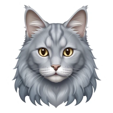 Cinematic Solid Grey Maine Coon Cat Portrait Emoji, Elegant and alert, sleek grey and silver tones with soft undercurrents of blue, Simplified yet sharp features, highly detailed, glowing with a calm, wise glow, high shine, intelligent and poised with a long, wise face that speaks of experience, stylized with an air of grace, focused and attentive, soft glowing outline, capturing the essence of strength and wisdom, so lifelike it feels as though it could spring into motion at any moment, exuding a sense of majestic age and quiet dignity. sticker