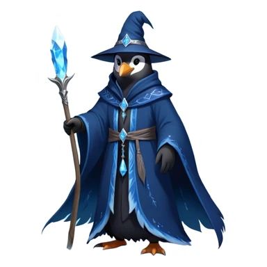 A mysterious penguin mage with sleek midnight-blue feathers, wearing a flowing black robe adorned with silver runes. A tall, pointed wizard hat sits slightly tilted on his head, the brim casting a shadow over his glowing icy-blue eyes. His flipper clutches an ancient wooden staff topped with a swirling crystal, radiating a soft, cold light. Snowflakes drift around him as he stands on a frozen cliff, his aura crackling with arcane energy, ready to summon a blizzard with a flick of his staff. sticker