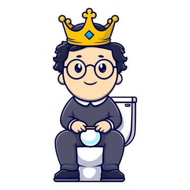 King Charles III with crown sitting on a toilet, wearing round glasses and black hair sticker