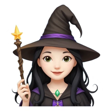 a girl with black long hair, witch hat and a magic wand in her hand sticker
