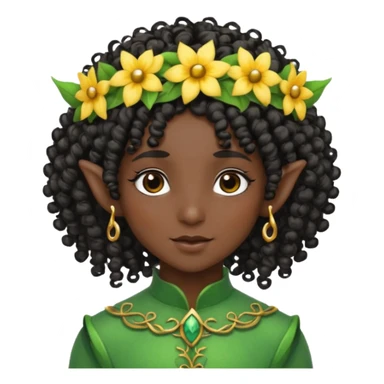 tiny Elf with Flower Crown, curley hair, black sticker