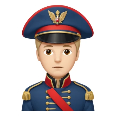 French soldier, Napoleonic era, blue coat, red epaulettes, tall hat sticker