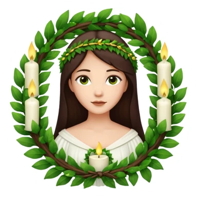  saint lucia with dark brown hair with a white gown and a wreath made from greenery with candles on top of the wreath sticker