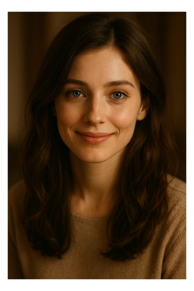 a charming brunette girl with blue eyes, soft smile, kind and gentle appearance sticker