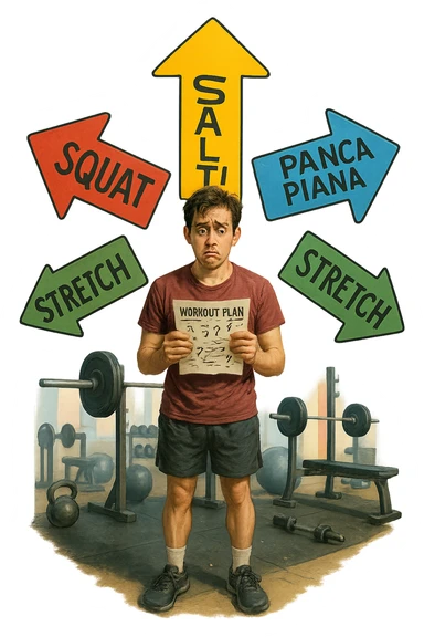 a person stands in the center of a gym, surrounded by arrows pointing in all directions, each labeled with a different exercise (e.g., “squat,” “Salti,” “stretch,” “Panca Piana”). The person looks bewildered, holding a workout plan with scribbles and question marks. The scene is colorful but visually messy, symbolizing confusion. in italiano immagine iperrealistica sticker