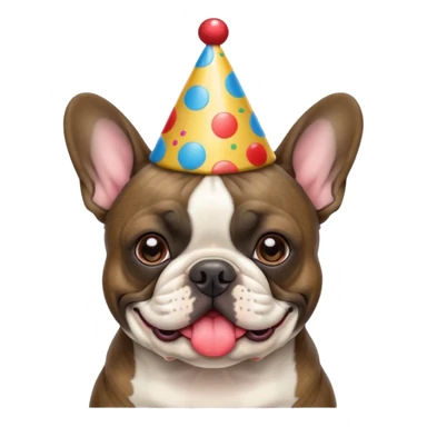 french bulldog with a birthday hat and brindle coloring. please make it apple emoji style please sticker