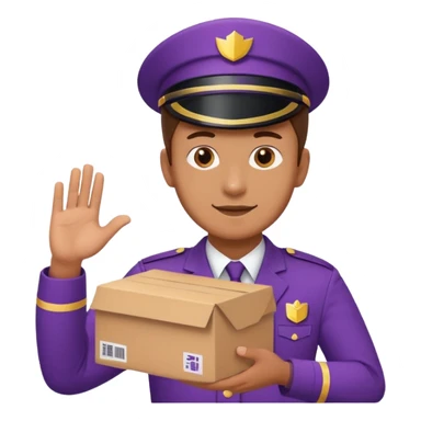 a man in a purple uniform hands out a box sticker