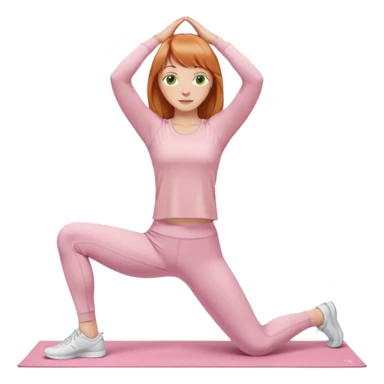 chin length ginger hair woman with bangs, green eyes, wearing long sleeve light pink yoga top, long flare light pink yoga pants, white sneakers, in gym, stretching sticker