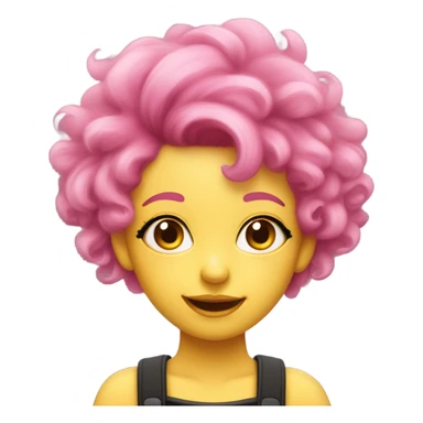 pink haired pink skin (and by pink i do mean PINK pink) girl with black eyes, yellow irisis, beige horns, smile, fluffy hair sticker