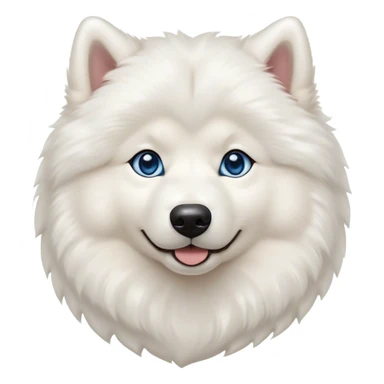 Cinematic Cute Samoyed Portrait Emoji, Head tilted playfully and inquisitively, featuring a fluffy, pristine white Fur with a natural sheen, round, sparkling blue eyes filled with curiosity, Simplified yet irresistibly adorable features, highly detailed, glowing with a warm, friendly glow, high shine, affectionate and lively, stylized with a touch of whimsy, bright and endearing, soft glowing outline, capturing the essence of a mischievous yet loving companion, so playful it feels like it could frolic out of the screen and into your arms! sticker