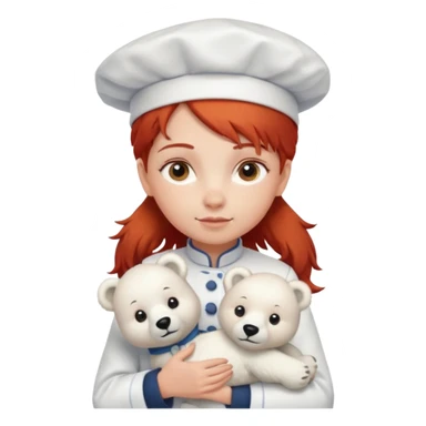 girl kid italian chef, red haired, uniform, holding plush polar bear sticker