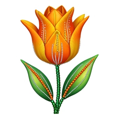 french beaded tulip, floral craft, sparkling glass beads, orange and yellow gradient petals, green foliage, realistic, elegant, no background sticker
