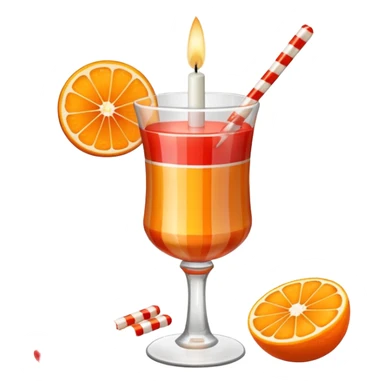 An orange with a horizontal red stripe around the middle. 4 vertical cocktail sticks in the orange with small pieces of candy on the sticks. On top of the orange a small white lit candle. sticker