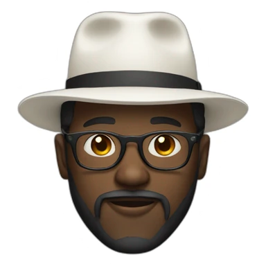 Dark skinned man with a white fedora and glasses and small black beard sticker
