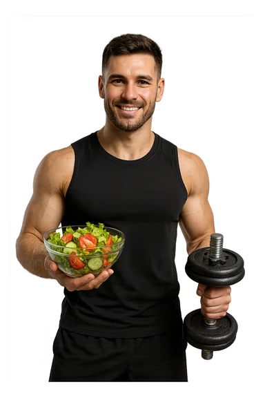 uomo fitness che fa ha un insalata nella mano destra e un manubrio da palestra nella mano sinistra sticker