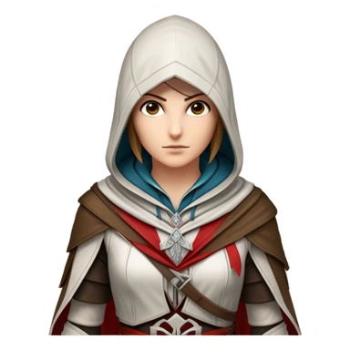 icon featuring Assasin's Creed in an iconic assassin's hood, standing tall. Florence is on background. The design captures the essence of adventure, with intricate details of historical architecture and a sense of mystery. The character is poised, ready for action. transparent background. sticker
