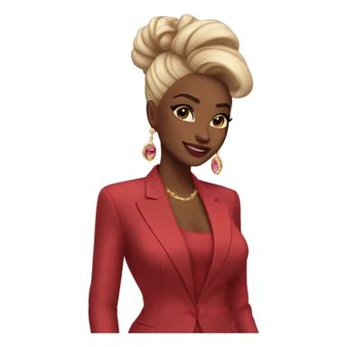 Sure! Here’s a super short version:

	•	Outfit: Deep red suit, gold jewelry, pink clutch.
	•	Hair: Black, half-up with a red ribbon.
	•	Skin: Warm tan, glowing.
	•	Makeup: Winged eyeliner, nude lips, soft blush.

Let me know if this works! sticker