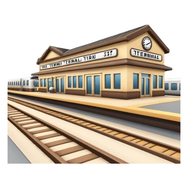 A 3D cartoon train terminal with tracks, platform signs, and an arriving train, Memoji-style realism. sticker