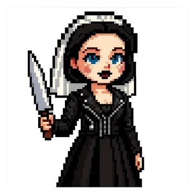 Make Chucky’s bride doll hold a knife, keep her in a black dress and leather jacket with dark makeup, pixel art style sticker