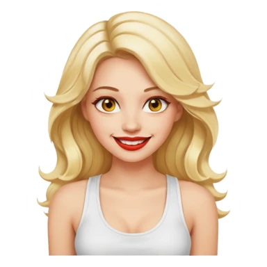 a woman with white tank top and smile, her hair is long wavy blonde hair, her face is baddie girl style, her eyes color are yellow and the color of her lip is soft red sticker