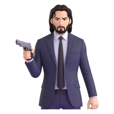 John Wick in black suit and tie, long dark hair, intense stare, action pose sticker