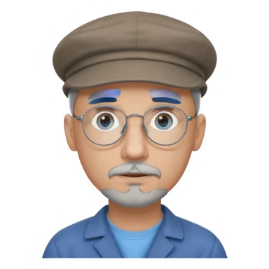 Bald, grey goatee, wire rim glasses, blue eyes, grey flat cap, round face sticker