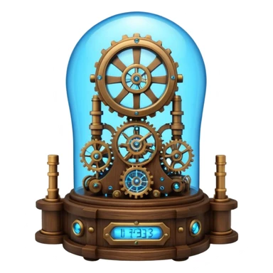 Portrait of a steampunk-style time machine with brass gears, glowing blue core, and glass dome sticker