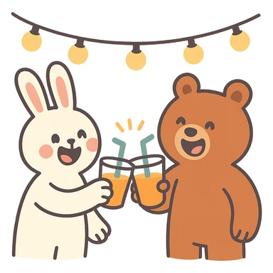 bunny and bear clinking juice cups under string lights sticker