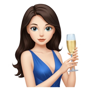 Sexy brunette woman long dark brown hair, hazel eyes, pale skin toasting with champagne in sexy blue dress sticker
