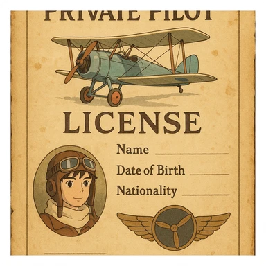 vintage-inspired private pilot license with a parchment background and classic aviation motifs sticker