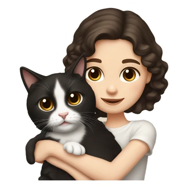 Girl with wavy curly dark brown hair and light brown eyes holds her pet tuxedo cat sticker