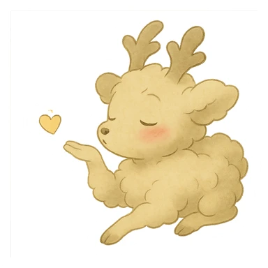 Make the vanilla-colored cloud doe appear to be sleeping, with rosy cheeks, blowing a kiss with sparkles, soft Ghibli style, with no background. sticker