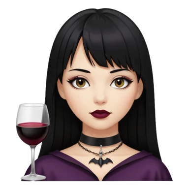 mulher cabelos pretos longos e lisos com uma franja curta acima dos olhos, olhos pretos com delineado, expressão séria, com um sorriso sensual e lábios cor de vinho, ela usa uma gargantilha preta com um pequeno pingente de morcego preto sticker