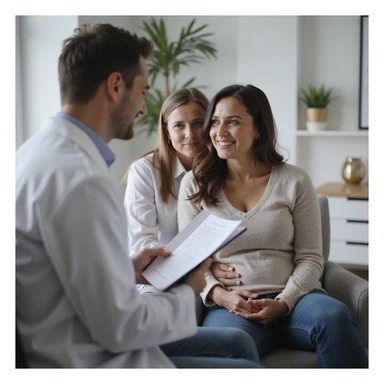 couple sitting together in medical office, doctor explaining fertility issues related to PCOS, supportive atmosphere, realistic details, clinic background, 4K quality sticker