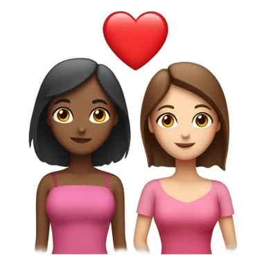 two ladies in love with a heart. the one on the left is a white lady with blue eyes and a brown bob with a pink shirt. the second is a venezuelan lady with brown eyes and dark brown hair with a red dress sticker