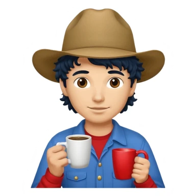 Ranch hand with blue hat and coffee mug, curly black hair, red shirt sticker