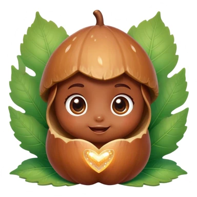 Cinematic tiny happy acorn, glossy brown, soft glowing highlights, tiny adorable face with big sparkly eyes, sitting on a pastel leaf, warm and cheerful. sticker