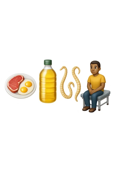 emoji stile iphone di UN PIATTO CON CARNE ROSSA E UOVA, UNA BOTTIGLIA DI OLIO DI SEMI, DUE PARASSITI TIPO LA TENIA, UOMO SEDUTO SU UN LETTINO DA FISIOTERAPISTA, IPERREALISTICO 4K sticker