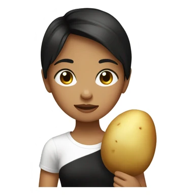 Girl with dark brown short hair and black t-shirt holding a potato  sticker