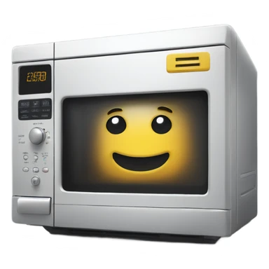 A microwave oven with a smiley face with a sly look in it sticker