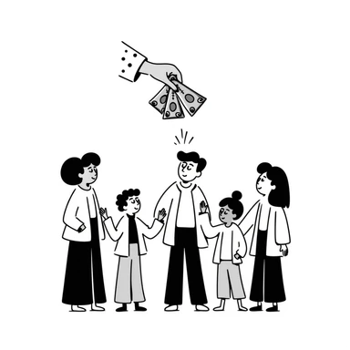 Hand giving money to family members, financial support concept sticker
