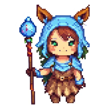Andira from Granblue Fantasy, pixel art style, small sprite, staff in hand, cute expression, animal ears, recognizable costume sticker