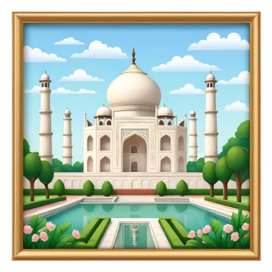 Cinematic Realistic Taj Mahal Landmark Emoji, depicted as the iconic marble mausoleum set amidst lush gardens rendered with intricate detail and ethereal, soft lighting. sticker