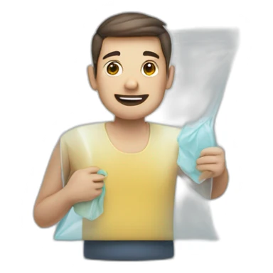 Man holding a clear square plastic bag sticker