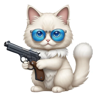 One ragdoll cat with sunglasses holding a gun sticker