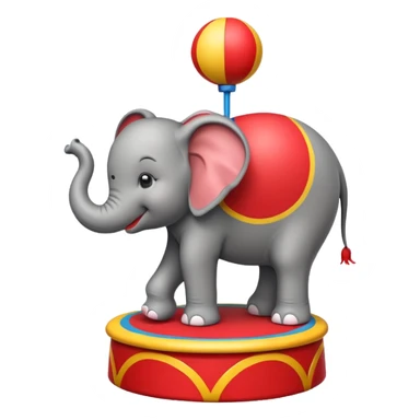 Create a cute emoji of a smiling cartoon elephant balancing a red patterned ball on its trunk while standing on a colorful circus platform. Use a simple, rounded emoji style with clean lines and bright colors. sticker