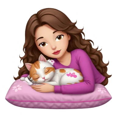 girl with long wavy brown hair, brown eyes, long lashes makeup, sexy pink lips, light to medium complexion,  sleeping on a cozy pillow, with 6 cats, sleeping sticker
